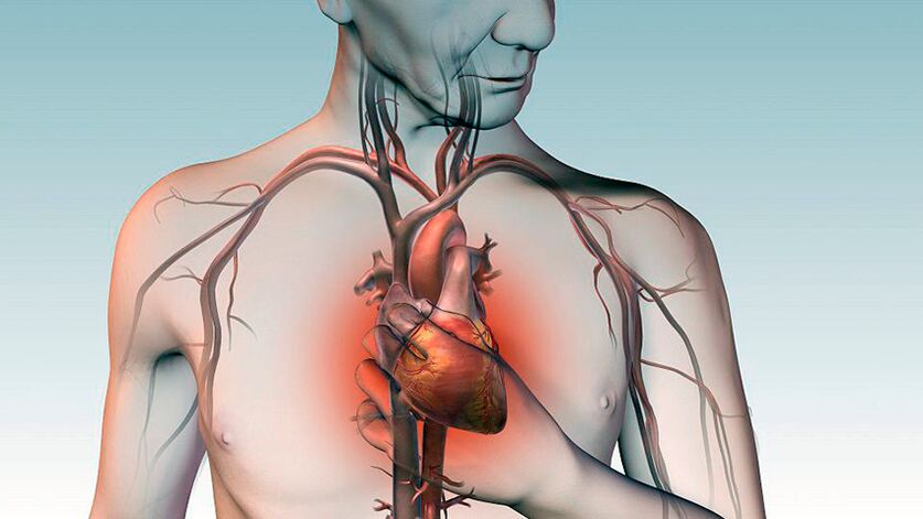 Pain under the shoulder blade and pressing pain behind the sternum with heart disease